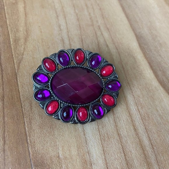 Purple & Pink Rhinestone Oval Shaped Cabachon Brooch 1950s Signed FAF - Picture 7 of 11